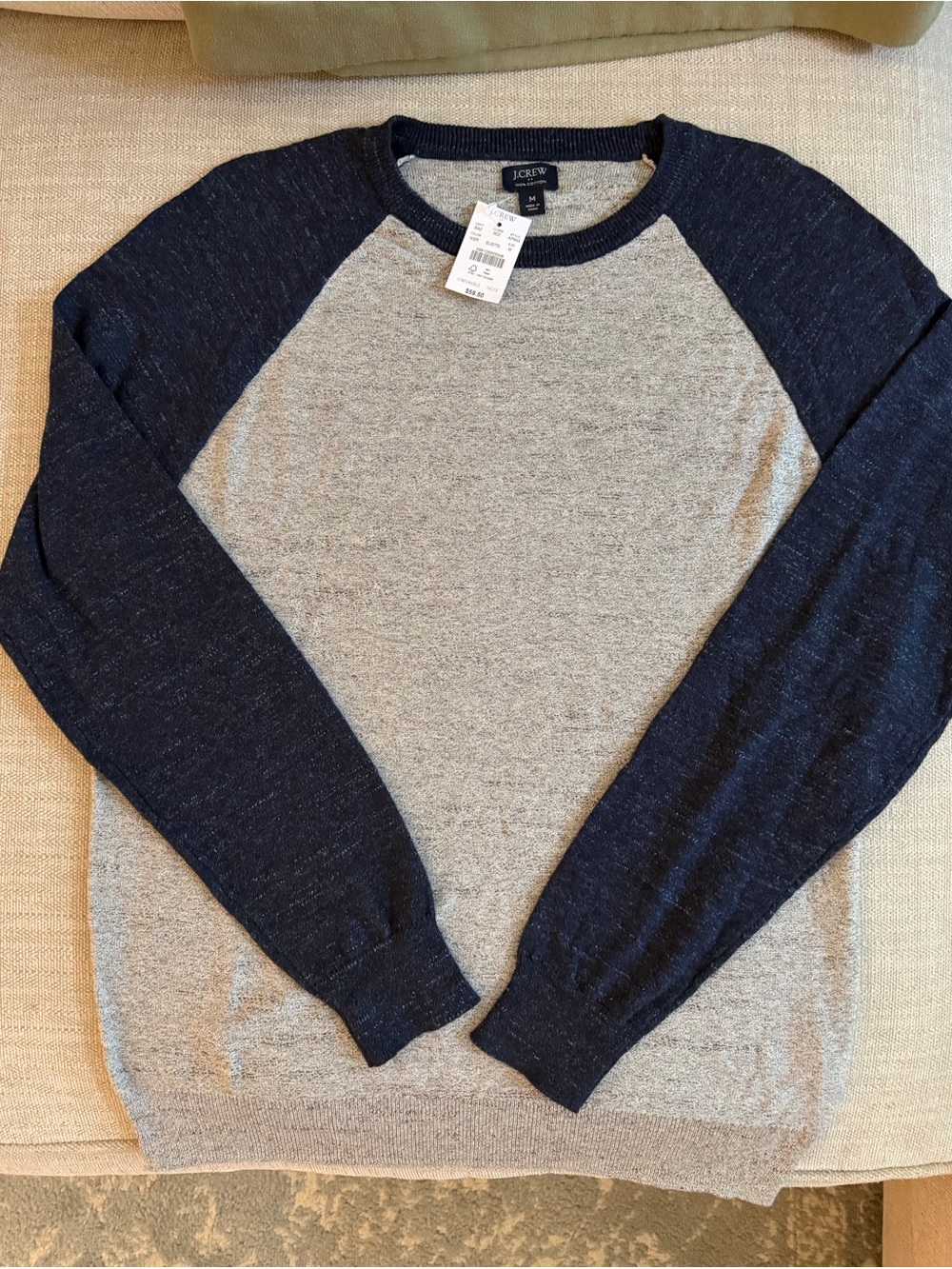 NWT J. Crew Factory Gray Body Sweater with Navy Raglan Sleeves